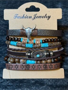 Western Boho Layered Bracelet Set Bull Skull Turquoise 8 Pc Adjustable